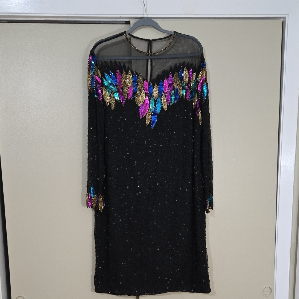 Maison Magique Black Sequin & Beaded Dress with Colorful Accents Size XL